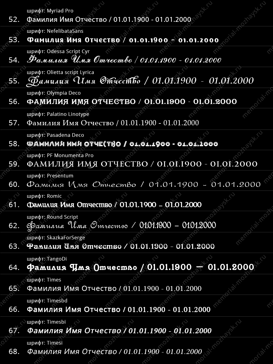 Примеры шрифтов для нанесения на памятник Можайск