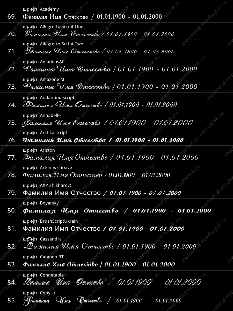 Примеры шрифтов для нанесения на памятник Можайск